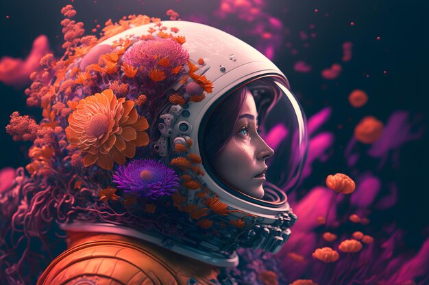 Retrato mujer astronauta en casco en flores retrato de belleza de una niña romántica casco cosmonauta en flores silvestres ilustración 3d