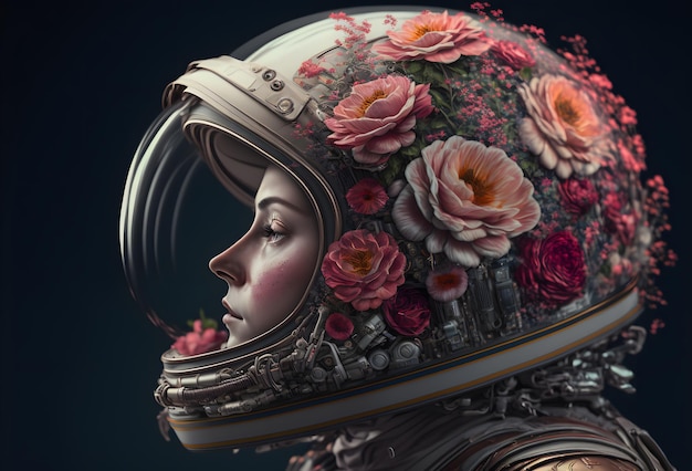 Retrato mujer astronauta en casco en flores retrato de belleza de una niña romántica casco cosmonauta en flores silvestres ilustración 3d