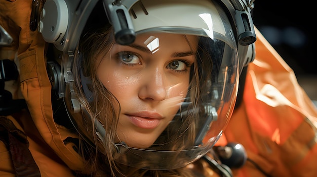 Retrato de una mujer astronauta con su casco y traje espacial Conquest of Mars NASA Generative ai