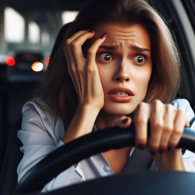 Foto retrato de una mujer asustada conduciendo un generativo