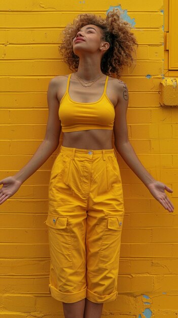 Foto retrato de una mujer atractiva africana contra el fondo de una pared de ladrillo amarillo