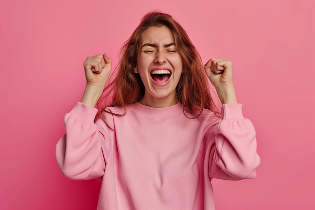 Foto retrato de una mujer atractiva y alegre de pie con expresión emocionada levantando los puños gritando