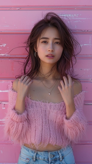 Retrato de una mujer atractiva asiática contra el fondo de una pared de ladrillo rosa