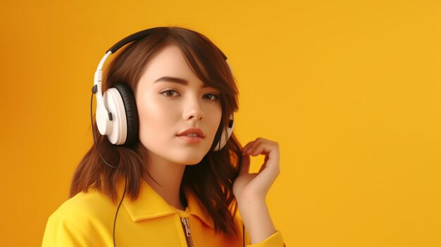 Retrato de una mujer atractiva con auriculares en un fondo amarillo