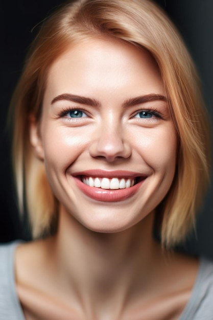 Retrato de una mujer atractiva mostrando sus dientes rectos creados con IA generativa