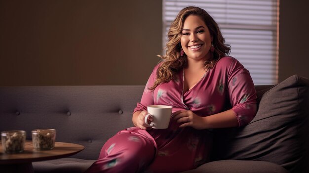 Foto retrato de una mujer atractiva sosteniendo una taza de café