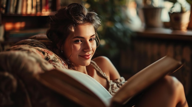 Retrato de una mujer atractiva en su sala leyendo libros IA generativa