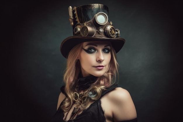 Retrato de una mujer con atuendo Steampunk Circus con accesorios mecánicos y un sombrero de copa