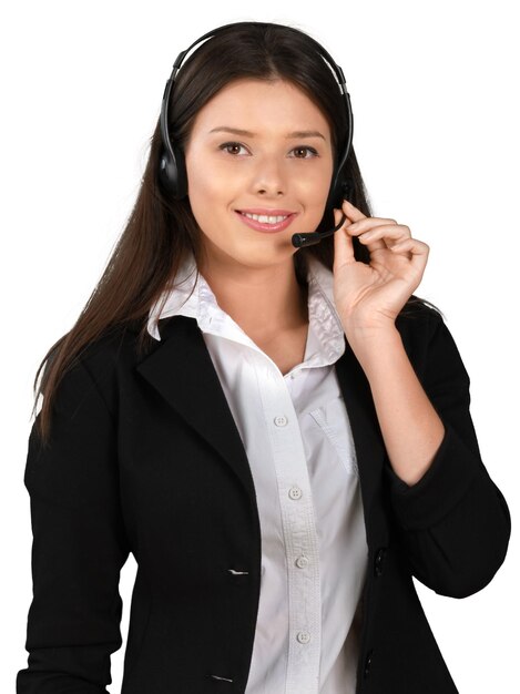 Foto retrato de mujer con auriculares, call center o concepto de soporte