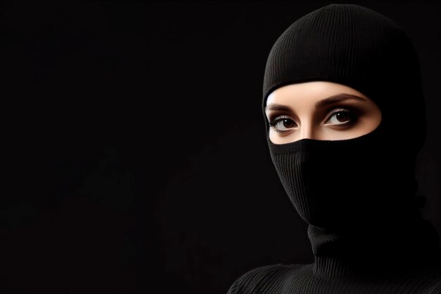 Retrato de una mujer con balaclava en fondo negro