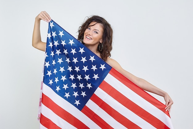 retrato, mujer, con, bandera americana