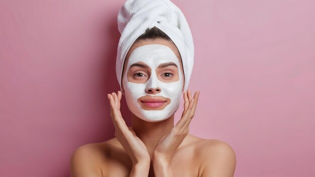 Foto retrato de una mujer bonita caucásica tranquila con una toalla en la cabeza y una máscara cosmética en la piel de la cara