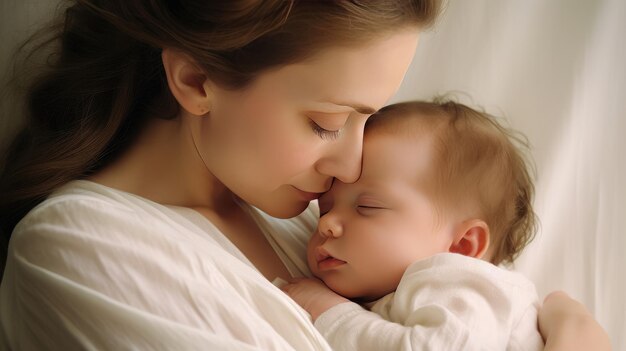 Retrato de una mujer bonita sosteniendo a un bebé recién nacido Mamá amorosa cargando a su bebé recién nacido en sus brazos Creado con tecnología Generate Ai