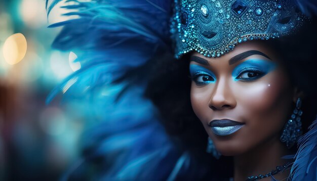 Retrato de una mujer brasileña con plumas en la cabeza concepto de carnaval