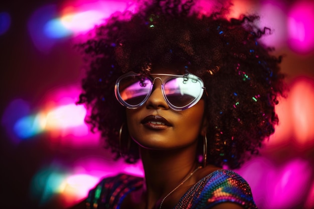 Retrato de una mujer con cabello afro que lleva una diadema de bola de discoteca reluciente y anteojos de sol de gran tamaño