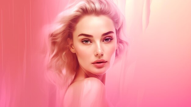 Retrato de una mujer con cabello brillante mujer bonita con fondo de gradiente rosa suave