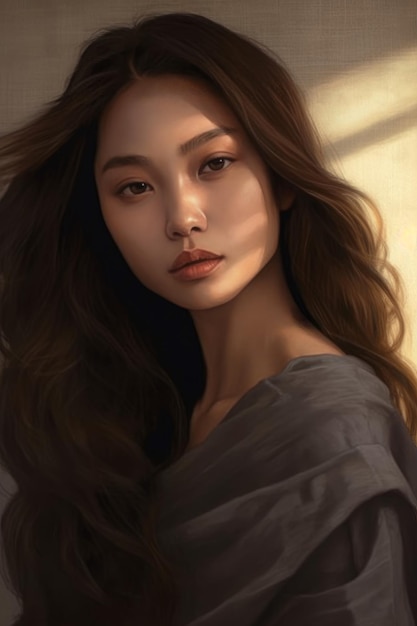 Un retrato de una mujer con cabello castaño largo y una luz brillando en su rostro.