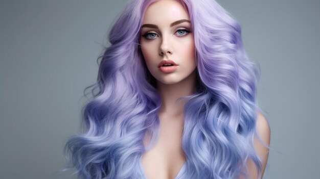 Retrato de una mujer con el cabello de colores brillantes volando todos los tonos de púrpura colorear el cabello hermoso