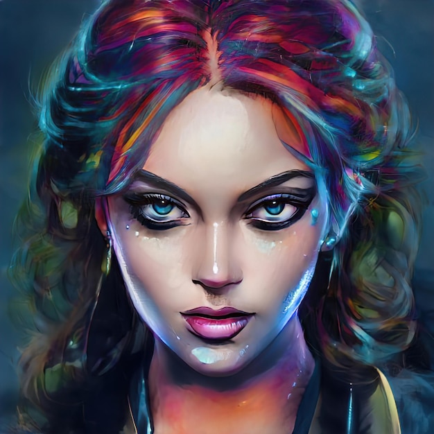 Retrato de una mujer con cabello teñido de color. Color de cabello saturado brillante. Maquillaje de belleza en la cara de la niña. Cabello teñido perfecto. Ilustración