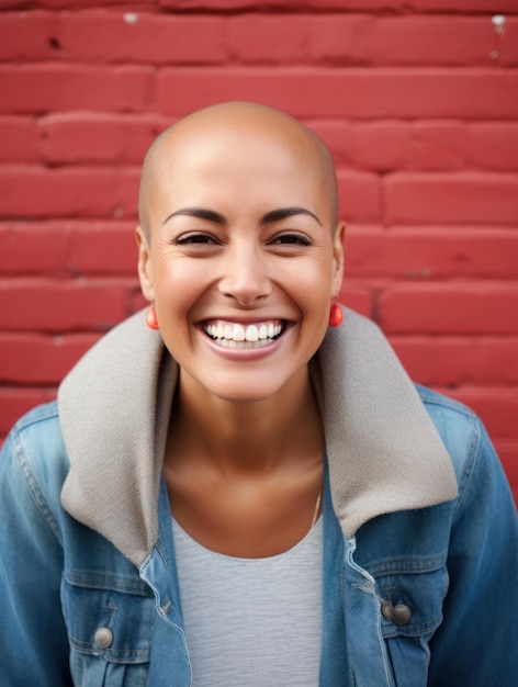 Foto retrato de una mujer calva sonriente y alegre frente a una pared