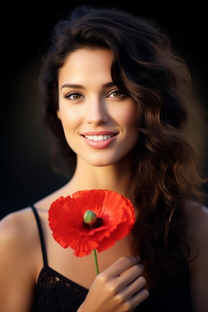 Retrato de una mujer en un campo de amapolas Foto vertical IA generativa