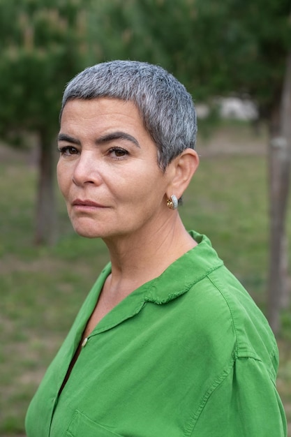 Retrato de mujer con canas en el parque. Modelo femenino con cabello gris corto en ropa brillante mirando a la cámara. Belleza, concepto de retrato