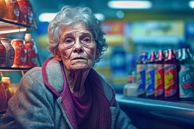 Retrato de mujer canosa envejecida con bolsa en el supermercado