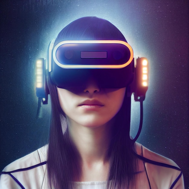 Retrato de mujer con casco de realidad virtual vr