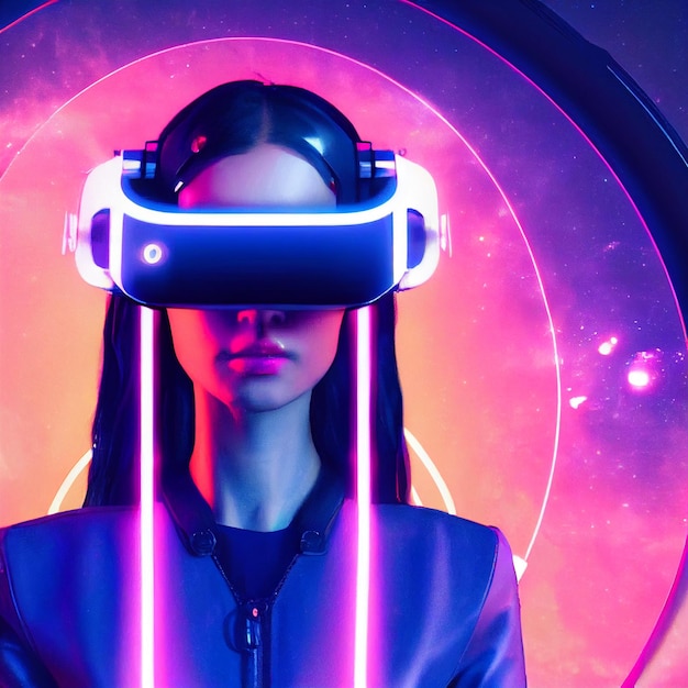 Retrato de mujer con casco de realidad virtual vr