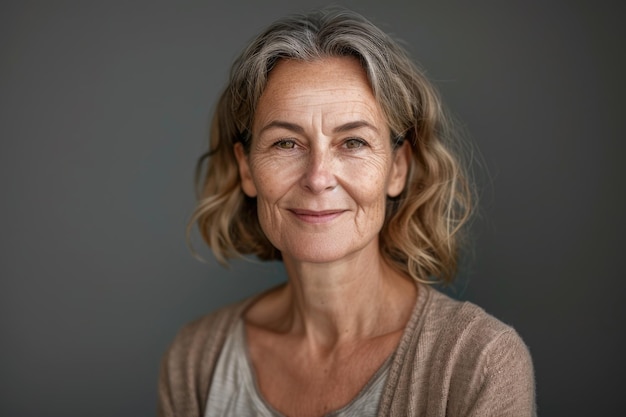 Retrato de una mujer caucásica de mediana edad sonriente aislada contra un fondo gris