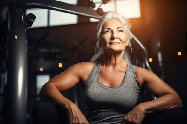 Foto retrato de una mujer caucásica senior trabajando en el gimnasio mirando el enfoque selectivo de la cámara