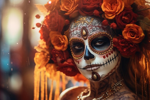 Foto retrato de una mujer celebrando el día de los muertos el día del fondo del día