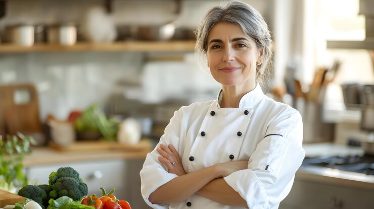 Retrato de una mujer chef de mediana edad con una postura relajada de pie en una cocina profesional brillante brazos cruzados tablas de corte y verduras frescas alrededor de usar un uniforme blanco luz suave