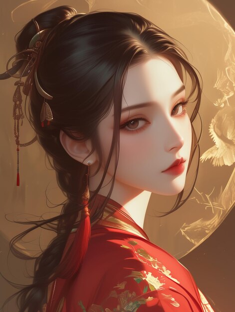 retrato de una mujer china con un vestido rojo y una flor en el cabello