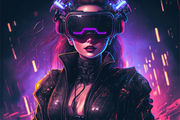 Retrato de mujer ciberpunk con auriculares VR en papel tapiz de avatar de alta resolución neón de alta resolución implantes cibernéticos fururísticos tecnología universo luz ciudad tecnología adicción AI