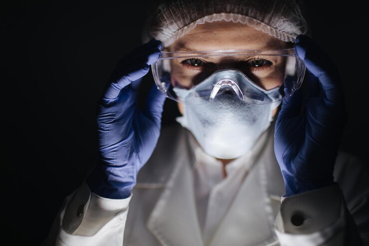 Retrato de mujer científica en uniforme de protección médica