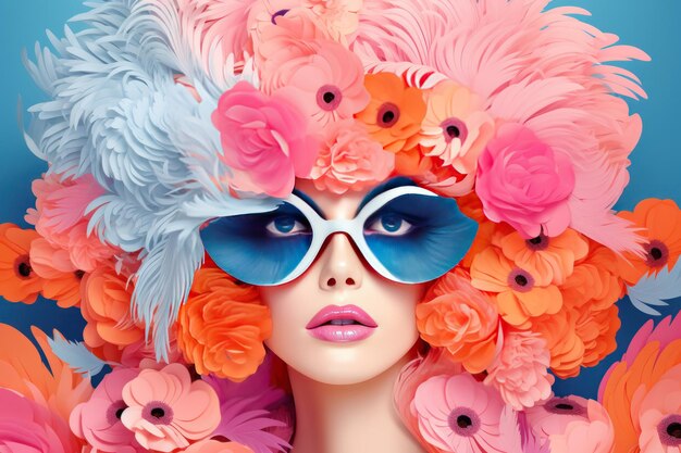 Retrato de mujer como un pájaro colorido plumas súper brillantes retrato de moda de una chica con plumas y flores aspecto expresivo pastel fuzz melocotón rosa azul feliz día de la mujer 8 de marzo