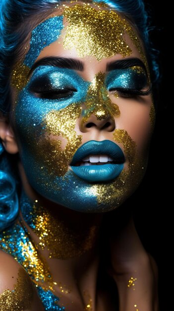 Foto retrato de una mujer completamente cubierta de maquillaje azul y dorado brillante.