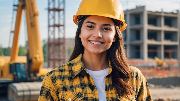 Retrato de una mujer constructora exitosa y experimentada sonriendo con su casco en la cabeza