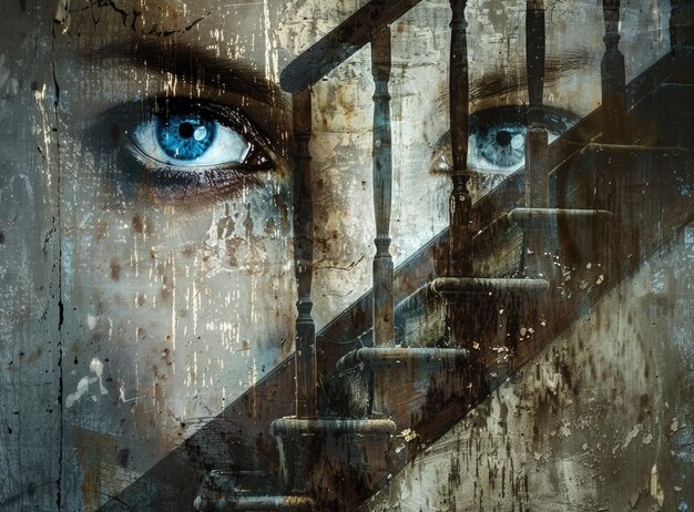 Retrato de una mujer contra el fondo de una antigua escalera Doble exposición