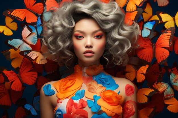 retrato de una mujer contra un fondo de mariposas surrealismo IA generativa