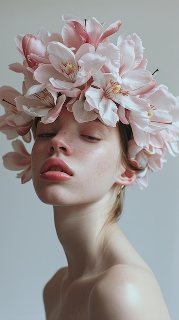 Retrato de una mujer con una corona de magnolia rosada en flor belleza natural y elegancia floral