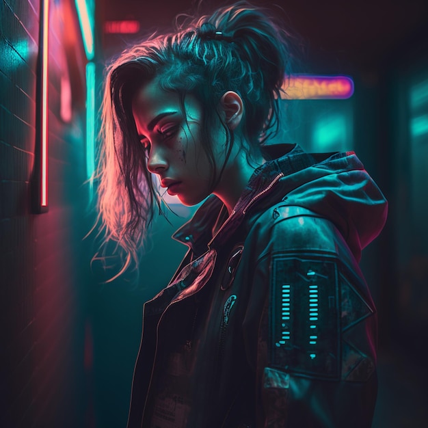 Retrato de una mujer cyberpunk en estilo neón futurista