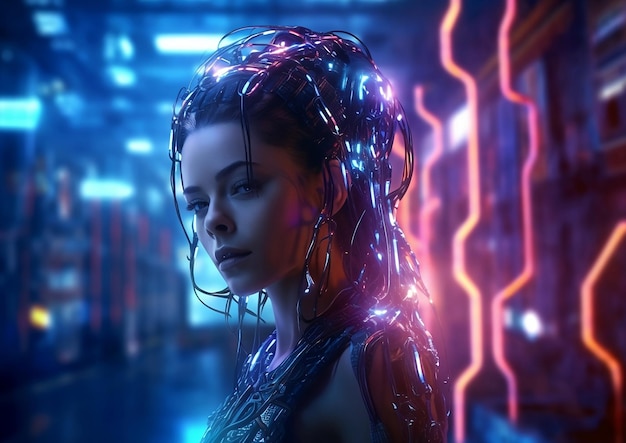 Retrato de mujer cyborg con cerebro detallado visible sobre fondo cyberpunk con luces de neón