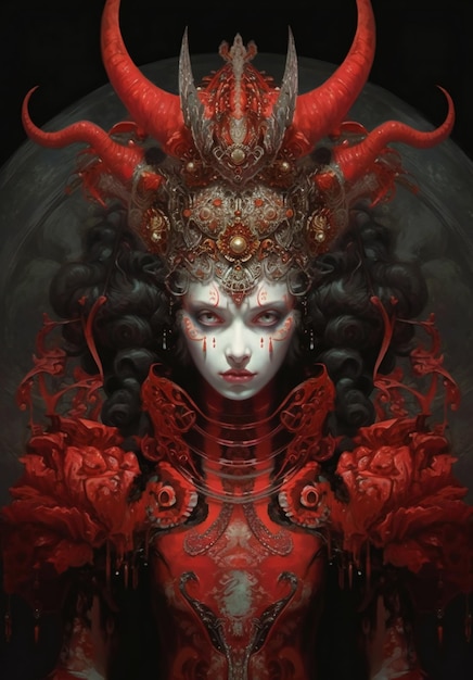 Retrato de una mujer demonio con sangre roja en la cara