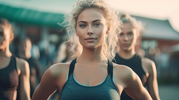 Retrato de mujer deportista de fitness con personas haciendo ejercicio