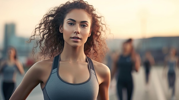 Retrato de mujer deportista de fitness con personas haciendo ejercicio