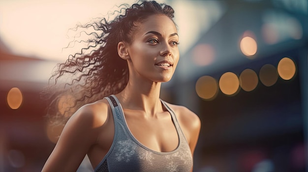 Retrato de mujer deportista de fitness con personas haciendo ejercicio