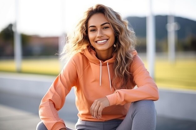 Retrato de una mujer deportiva feliz sentada al aire libre