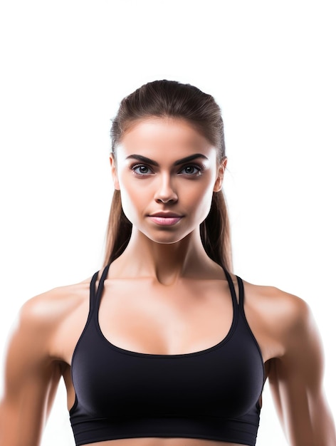 Retrato de una mujer deportiva haciendo ejercicio sobre un fondo blanco generado por IA